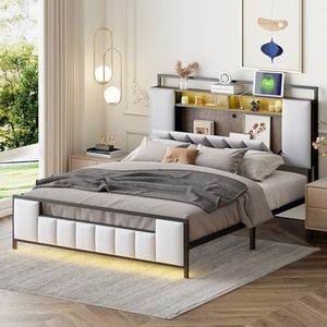 Ctastay Letto Imbottito 140x200 cm, Letto Multifunzionale con Luce LED e Presa USB, Testata con Contenitore, Letto per Adulti, Letto Matrimoniale, letto in ferro,senza Materasso, Bianco