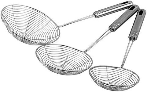 Hamnor 3 Sets Stainless Steel Frying Skimmers 13.3 inches,14.1 Inches,16.1 Inches Kitchen Wire Skimmer with Spiral Mesh Professional Skimmer Spoon with Handle