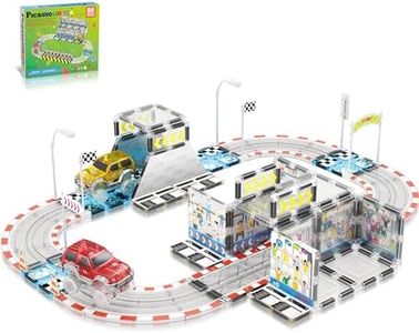 PicassoTiles Magnet Tile Race Car Track Construction Toy Block with 2 Trucks Accessory Street Sign Add-on Kit Magnetic Building Tiles Stadium Seating Playset STEAM Learning Fine Motor Kid Age 3+ PTQ05