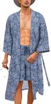 COOFANDY Mens Summer Robe Rayon Kimono Robes Lightweight Kimono Sets 2 Piece Outfits Kaftan Jacket Festival Outfit Navy Blue (Plaid)