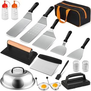 KOIUEYW Set di posate per barbecue, accessori per barbecue con pressa per hamburger, spatola per barbecue in acciaio inox, campana per hamburger, set per smash hamburger, accessori Plancha, accessori