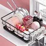 Urackify Dish Drying Rack for Kitchen Counter, Kitchen Dish Rack Black, Large Sink Dish Drainer Dryer Rack Small Space, Kitchen Dishes Strainer Drying Rack with Drain Board Cup Holder Cutlery Holder