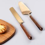 nestroots Cake Cutting Knife Server Serrated Knife | Serve Pastry Piece | Decorative Golden Serving Set | Pizza Slicer Dessert Gold with Mango Wood Handle