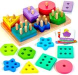 HELLOWOOD Montessori Educational Toys for 1 2 3 Years Old Toddlers Wooden Sorting and Stacking Board, 24pcs Shape Gradient Color Geometric Blocks Chunky Puzzles for 12+ Months Baby Boys Girls