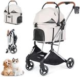 Beberoad Pets T3 PRO 3 in 1 Small Pet Stroller Dog Stroller Pet Stroller for Cats, 4 Wheels Stroller for Dogs with Detachable Carrier with Pad, Canopy and Cup Holder, Beige