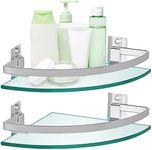 Sanbege Tempered Glass Corner Shelf with Rail, 9.5" x 9.5" Floating Shower Caddy, Wall Mount Shampoo Holder Organizer, Pack of 2