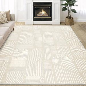 MUJOO 5x7 Washable Area Rug,Mid Century Modern Abstract Non Slip Low Pile Rug,Neutral Beige and White Rug for Living Room Bedroom Dining Room