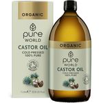 Pure World Castor Oil - Organic 1 Litre (1000ml) Glass Bottle Cold & Freshly Pressed, Hexane Free for Hair, Skin, Moisturizing, Conditioning, Eyelashes, Eyebrows- Food Grade