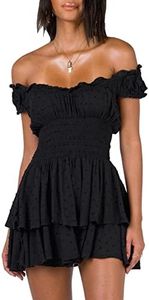 AOHITE Womens Summer Tube Top Dress Off-Shoulder Ruffled Flowy Mini Short Dresses, Black, Medium