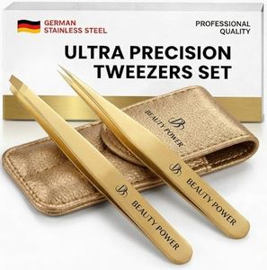 Beauty Power Professional Tweezers Set – Slant & Point, Ultra Precision German Stainless Steel Tweezers for Eyebrows, Chin, Ingrown Hair & Facial Grooming – Lightweight with Case - Gift Idea - Gold
