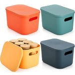 Lawei 4 Pack Plastic Storage Bins with Lid and Handles, Colorful Stackable Storage Box Organizing Container, Small Storage Basket Organizer Bins for Bathroom, Kitchen, Pantry, Shelves, Vitamins, Snack