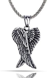 Only faith Collar Grueso colgante Alas de Angel para Hombre Cadena grande Acero inoxidable Cadena idea regalo de hombre Joya de Amuleto Protección largo 60 cm (Alas de Angel)