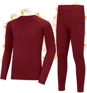 Roadbox Boys Thermal Underwear Sets Ultra Soft FLeece Lined Long Johns Base Layer Top and Bottoms with Pockets Red