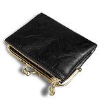 AOXONEL Womens Wallet Small RFID Ladies Compact Bifold Leather Vintage Coin Purse with Zipper and Kiss Lock (Black)