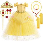 TOLOYE Princess Costumes for Girls, Belle Dress Up for Girls with Crown Fairy Wand Necklace Sets, Belle Princess Dress Long Skirt, Belle Costume Kids Fancy Dress for Party Cosplay (130, Style 2)