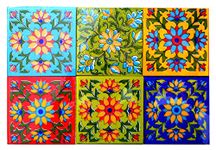 Shiv Kripa Blue Pottery Home Decorative Ceramic Tiles Backsplash Wall Tiles Mural Panel Kitchen Washroom Mosaic 4 x 4 Inch Pack of 6 Tiles (Multi)