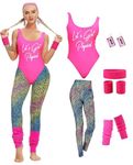 MIAIULIA Womens 80s Workout Costume Outfit 80s Accessories Set Leotard Neon Legging Headband Wristbands Set, Let's Get Physical Pink, Small