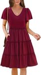 Zeagoo Red Aline Summer Dresses for Women 2025 Ruffle Sleeve Mini Dress with Pockets V Neck Tiered Short Sleeve Flowy Dresses Hem Pleated Casual Boho Cute Spring Dresses Babydoll Dress Red S