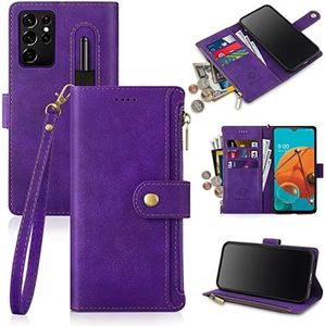 Antsturdy Compatible with Samsung Galaxy S21 Ultra Wallet case with Card Holder for Women Men Phone case RFID Blocking PU Leather Flip Cover with Strap Zipper Credit Card Slots,Purple