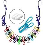 HUANSHA Portable Elastic Travel Clothesline with 12 Colorful Clothespins, Adjustable Camping Clothesline Windproof RV Clotheslines, Bungee Go Travel Laundry Line String Hotel Room, Cruise Ship,Shower