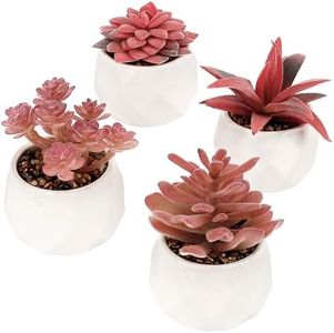 BELLE VOUS Lot de 4 Plantes Succulentes Artificielles Roses en Pot - Fausses Plantes Décoratives en Pot - Pots en Céramique pour Décoration de Maison, Bureau, Table, Chambre ou Salle de Bain
