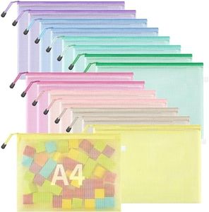 JARLINK 16pcs Mesh Zipper Pouch for Organizing, A4 Size Waterproof Zipper Storage Bags, 8 Colors Plastic File Pouch, Multipurpose for Travel, School, Board Game, Puzzles, Office, and Home Organize