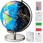 SMART WALLABY 9" Illuminated Educational Kids World Globe + STEM Flags & Countries Interactive Card Game. 3 in 1 Children Desktop Spinning Earth Political & Constellation Maps, LED Night Light Lamp with Stand