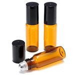 CMJ 2 x 5ml Amber Roll on Glass Bottles Oil Metal Roller Ball Empty BLACK Lid UK Seller