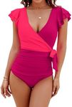 Blooming Jelly Women's Tummy Control Swimsuits Slimming One Piece Bathing Suit Modest Swimwear Ruffle Wrap V Neck Swimming Suit (Fuchsia,Small)