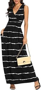 LILBETTER Women Sleeveless Deep V Neck Loose Plain Long Maxi Casual Dress(F Stripe Black,Medium)