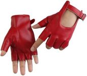 Long Keeper Women Fingerless Gloves - Half Finger PU Leather Gloves Motorcycle Cycling Driving Unlined Gloves (Red)