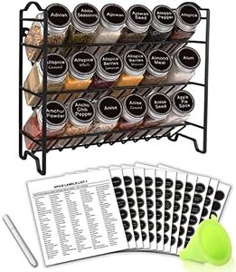 SWOMMOLY Spice Rack Organizer with 18 Empty Square Spice Jars, 396 Spice Labels with Chalk Marker and Funnel Complete Set, Spice Organizer for Countertop, Cabinet or Wall Mount