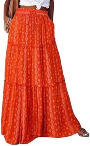 Happy Sailed Womens Retro Boho Printed High Waist Elastic Waist A Line Flowy Long Maxi Beach Skirts with Pockets Light Red X-Large