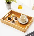 Kiwilon Bamboo Breakfast Serving Tray - 38 x 25.5 cm | Multi-Purpose Food Platter with Golden Handles | Coffee Table Plate for Kitchen | Easy Storage & Modern