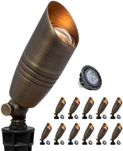 MALORY Brass Landscape Spotlights 12-Pack with Bulb Kit(S02), Low Voltage 12V AC/DC LED Outdoor Spot Uplights for House and Tree,PVC Ground Stake and Wire Connector Included, 5W 2700K Warm White
