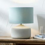 Duck Egg Textured Ceramic Table Lamp | Scandi Nordic Soft Blue and Grey Standard Table Lamps For Living Room | Modern Lamp Base with Lampshade | Grey Bedside Table Lamps With Blue Shade (Short)