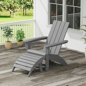 Adirondack Chair with Ottoman Weather Resistant Fire Pit Chairs with Footrest HDPE Outdoor Adirondack Chair for Patio Front Porch Pool Garden Deck Fire Pit Outside, Light Grey