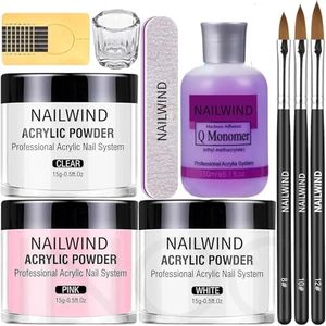NAILWIND acrylic nail extension kit, Acrylic Nails Kit and Monomer Set with Nail Brush, Pink White Clear Nails Powder Kit for Nails Extension Beginner 10 pcs in kit