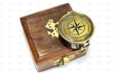 SAILOR'S ART Personalized Antique Brass 2" Quote Compass with Wooden Box (2.6 x 2.1 x 2 cm)