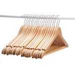 STAR WORK Solid Wood Natural Finish Super Sturdy And Durable Garment Hangers With Non-Slip Bar And Precisely Cut Notches - 360 Degree Swivel Chrome Hook (60 Count)