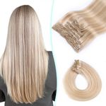 VINBAO 140 grams Clip in Hair Extensions Colour 27 Caramel Blonde with 60 Platinum Blonde Clip In Remy Human Hair Extensions silky straight 16 inch 7Pcs Real Clip in Human Hair (7C#27P60-16inch)