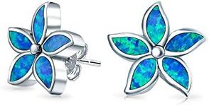 Blue Created Opal Inlay Petals Flower Stud Earrings For Women For Teen .925 Sterling Silver October Birthstone