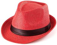 INFISPACE Boy's & Girl's Straw Fedora Short Brim Hat (Pack of 1) (5-8 Years) (Cherry)