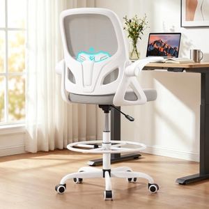 Kensaker Drafting Chair Tall Office Chair, Ergonomic Standing Desk Chair with Adjustable Foot Ring and Flip-up Armrests, Mesh Computer Chair for Art Studio, 300 LBS, Gray