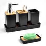 ADERTOS 5 PCS Bathroom Accessories Set, Bathroom Accessory Gift Set with Soap Dispenser Pump, Soap Dish, Toothbrush Holder, Tumbler Cup, Vanity Tray, Modern Bath Decor for Toothbrush Holder (Black)