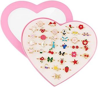 SUNMALL 36 pcs Little Girl Adjustable Rings in Box, Children Kids Jewelry Rings Set with Heart Shape Display Case, Pretend Play and Dress up Rings, Random Shape and Color