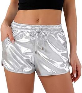 POSHDIVAH Silver Metallic Shorts for Women Hot Sparkly Shiny Shorts with Elastic Drawstring XXL