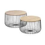Home Source Retro Pair of Round Coffee, Wooden Top Metal Frame Living Room Side End Table Storage, Set of 2, Engineered Wood, Natural