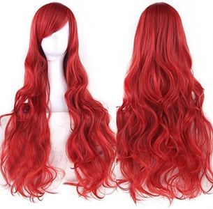 IMISSU Peluca de cosplay de pelo natural rizado largo de 80 cm con flequillo Pelucas de fiesta de disfraces de Halloween coloridas para mujeres (Rojo)