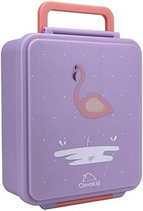Clevakid Bento Mega Lunch Box, carrying handle – 4 No-Mix Compartments | Microwave & Dishwasher Safe | for Adult, Preschool, School 1600ML, OZ (Purple Light ClevaMingoo Friend)